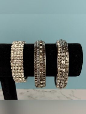 Vintage Y2K Silver Rhinestone Bracelet Lot 3 Stacking Bangles & Stretch Cuff